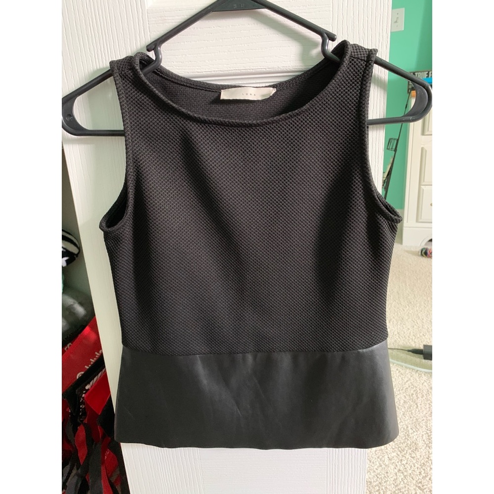 Luna Black Blouse w Leather Trim